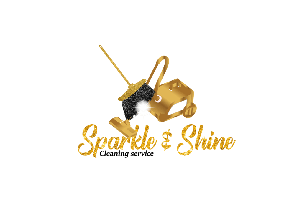 Sparkle & Shine logo with gold cleaning tools, a broom, vacuum, bright sparkle effect, and elegant script lettering on a black background.