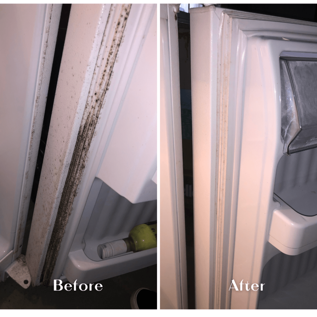 Before-and-after refrigerator seal cleaning showing dark buildup removed from the gasket and door frame for a cleaner, fresher appliance interior.