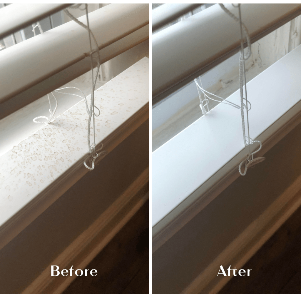 Before-and-after window sill cleaning showing dust and spots removed for a smooth, refreshed surface near the blinds.
