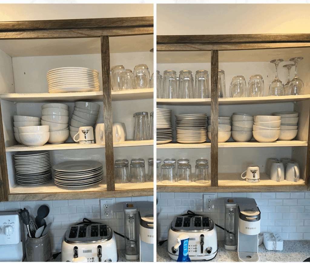 Before-and-after cabinet organization showing dishes, bowls, mugs, and glassware arranged from cluttered stacks to a neater, more functional layout.