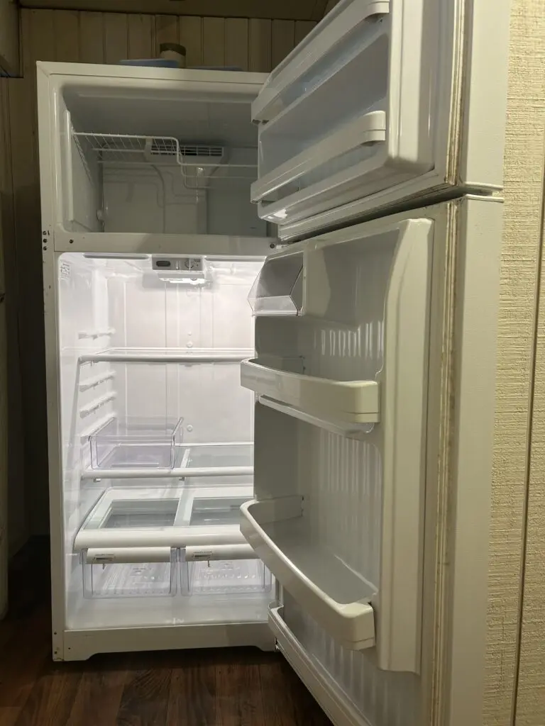 Clean, empty refrigerator interior with wiped-down shelves, drawers, freezer area, and door bins after a detailed appliance cleaning.
