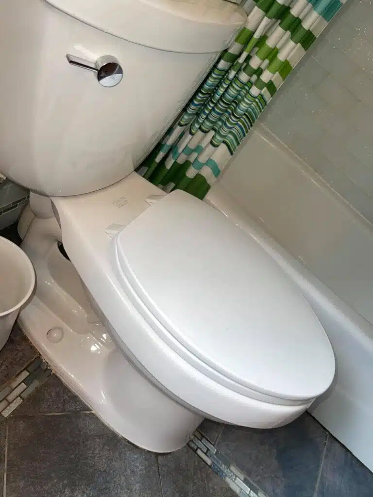 Clean bathroom toilet area with a freshly wiped toilet, surrounding floor, bathtub edge, and shower curtain after professional bathroom cleaning.