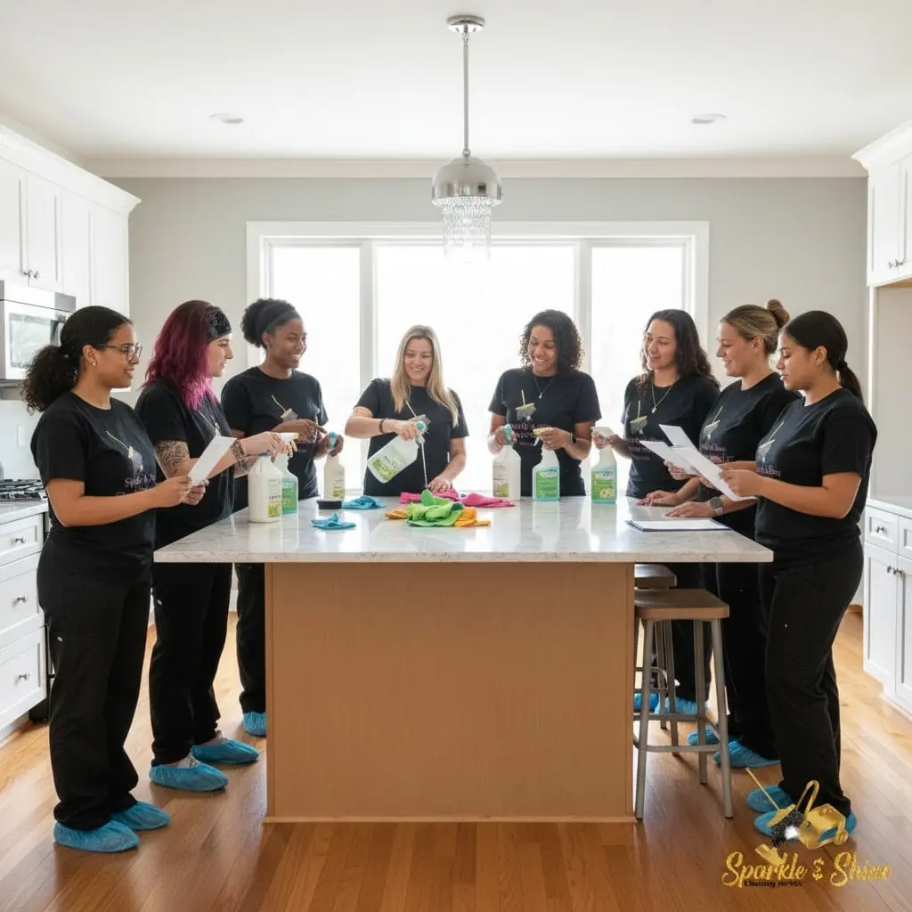 Professional cleaning team gathered in a bright kitchen for training, reviewing checklists, cleaning products, and microfiber cloths while wearing branded Sparkle & Shine uniforms and shoe covers.