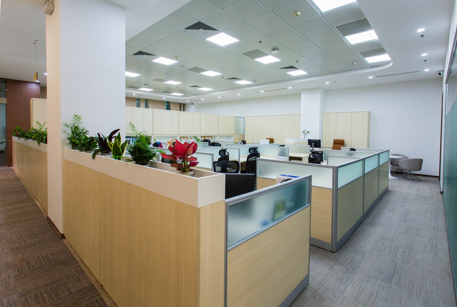 Clean, bright open office with cubicles, planters, and ceiling vents, ready for a commercial cleaning checklist before winter